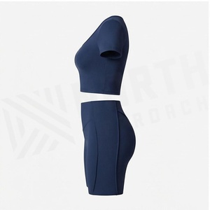 North Approach 2 Piece Yoga Set Scoop Neck Crop Top High Waist Shorts Solid <b>Navy</b> Blue Breathable Seamless Sportswear - Product Image 3