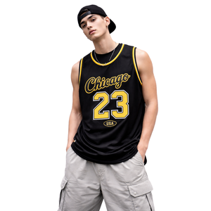 Débardeur de basket-ball streetwear pour homme, noir et jaune, en maille, style hip-hop vintage, sans manches, pour tenue décontractée - Product Image 1