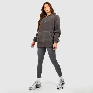 Sweat à capuche Teddy Sherpa pour femme, style streetwear, avec broderie personnalisée et logo en strass, coupe oversize, demi-zip, polaire 450 GSM - Product Image 2