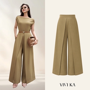 Women's Olive Brown Polyester Spandex Wide Leg <b>Split</b> Pants Casual Office High Waist Designer <b>Trousers</b> Fashion Pants ELOWEN - Product Image 1