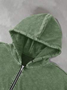 เสื้อฮู้ดดี้ผู้ชายแบบฟอกสีทรงโอเวอร์ไซส์ ซิปหน้า สไตล์วินเทจ มีฮู้ดสองชั้น ไหล่ตก แขนยาว สตรีทแวร์ - Product Image 2