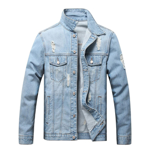 <b>Men's</b> Light Blue Distressed Denim <b>Jacket</b> Stand Collar Button Closure <b>Long</b> Sleeve Casual Ripped Jean <b>Jacket</b> Spring Autumn Wear - Product Image 3