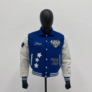 Varsity <b>Jacket</b> <b>Men</b> Blue <b>White</b> Embroidered Stars Patch Design Preppy Style Autumn Outerwear Single Breasted - Product Image 2