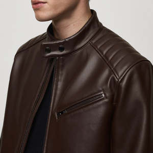 Chaqueta de cuero de vaca gruesa para hombre, diseño personalizado, color marrón oscuro, cuello alto, secado rápido, para invierno. - Product Image 4