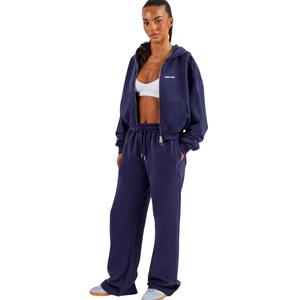 Conjunto de chándal con capucha y cremallera completa para mujer, pantalones anchos rectos con cordón en la cintura y dobladillo fruncido, conjunto de dos piezas para descanso, viajes y uso urbano - Product Image 1