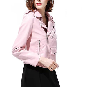 <b>Pink</b> Genuine Leather Eco-Friendly <b>Waterproof</b> Varsity <b>Jacket</b> Women's Stand Collar Zipper Closure Full Sleeve Autumn Style Belt - Product Image 4