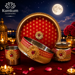 ชุดถาดบูชาแบบดั้งเดิมของอินเดีย ทำด้วยมือ ผ้าไหมปักลาย Karwa Chauth ชุดของขวัญ Sargi พร้อมถุงผ้า Chalni Lota สำหรับของชำร่วยงานแต่งงาน ของขวัญวันอีสเตอร์ ใช้ซ้ำได้ - Product Image 1