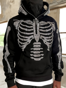 Solid Winter <b>Skeleton</b> Rhinestone <b>Full</b> Face Zip Hoodie with Eyes Holes in Cotton Fleece Customized Logo Breathable Street Wear - Product Image 4