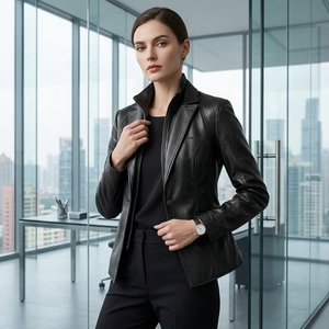 Blazer en cuir noir sur mesure pour femme, coupe ajustée, fermeture éclair sur le devant, style mode, business, streetwear, vêtement d'extérieur haut de gamme - Product Image 2