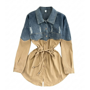 Robe chemise femme bicolore en denim et coton avec cordon de serrage à la taille - Product Image 4