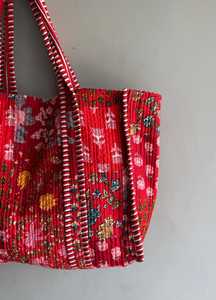 Red Panelled Cotton Tote Bag With Floral Print Bohemian Style Open Top Shopping Bag All Seasons gift for her - Product Image 3