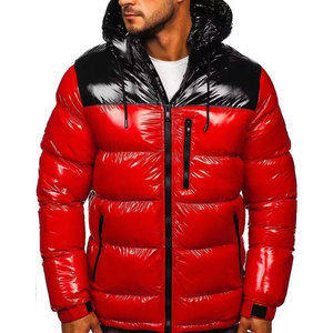 Veste matelassée pour homme, rouge et noir, à blocs de couleur, à capuche, coupe-vent, épaisse, isolée, pour l'hiver, fermeture éclair, style décontracté - Product Image 4