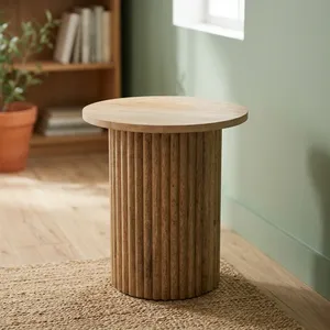 Modern Round Wood Side <b>Table</b> With Ribbed Base Handmade Solid Oak Accent <b>End</b> <b>Table</b> for Living Room Bedroom Home Decor - Product Image 6