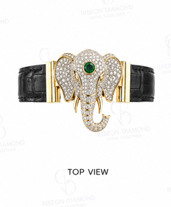 Haute joaillerie elephant <b>bracelet</b> in 18K yellow gold with pave diamonds emerald centerpiece and black <b>leather</b> strap luxury - Product Image 5