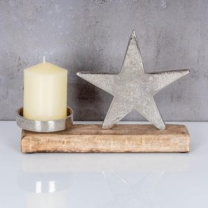Porte-bougie étoile en aluminium moulé avec base en bois de manguier, décoration de table, étoile en bois et métal, décoration de Noël - Product Image 2