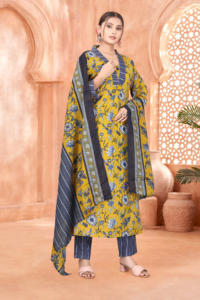 Conjunto de kurta amarillo estampado de alta demanda, marca Magic, cuello en V, fabricante de ropa ecológica para mujer - Product Image 3