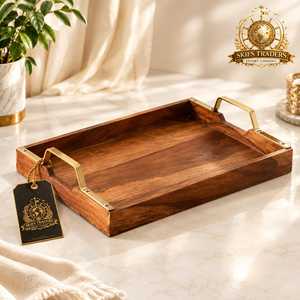 Long Wooden Serving <b>Tray</b> With <b>Black</b> Metal Handles Rectangular Wood Platter For Coffee Table And Kitchen Dining Serve - Product Image 4