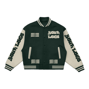 Blouson universitaire personnalisé brodé respirant pour homme, style preppy, en toile de coton mélangé noir, pour impression de lettres, col rond sur le devant - Product Image 3