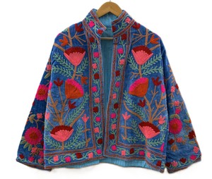 Hot Blue Embroidery Winter Knitted Cotton Velvet Bomber <b>Jacket</b> Floral Suzani Reversible Outerwear Satin <b>Mandarin</b> <b>Collar</b> Quilted - Product Image 1