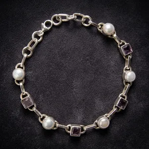 Classic 925 Silver <b>Chain</b> Bracelet With Freshwater Pearls And Amethyst Bezel Set Geometric Links For Women's Everyday Wear - Product Image 6