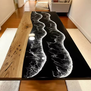 Mesa de Comedor de Resina Epoxi con Diseño de Olas Oceánicas Negras de Lujo, Madera Sólida con Borde Natural, Mueble Moderno para Conferencias - Product Image 1