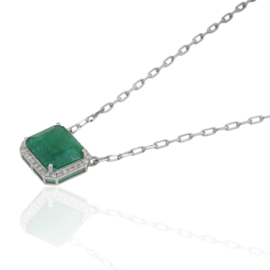 Gorgeous 925 Sterling Silver 100% Genuine 11x13 mm <b>Emerald</b> & Diamond Cluster <b>Pendant</b> Necklace May Birthstone Everyday Wear - Product Image 5
