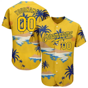 Camiseta de Béisbol Amarilla Personalizada con Estampado de Palmeras Tropicales, Diseño Sublimado, Unisex, Manga Corta, Transpirable, Ropa Deportiva de Verano - Product Image 1