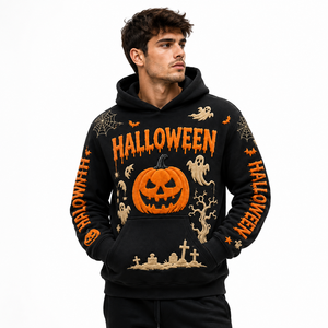 Sudadera con Capucha Personalizada de Halloween con Estampado Puff para Hombre y Mujer, Sudadera de Algodón Negro con Diseño de Calabaza, Fantasma, Murciélago y Araña - Product Image 1