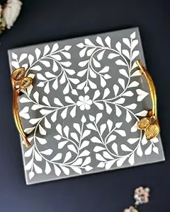 Bandeja de Servir Personalizada con Incrustaciones de Hueso y Diseño Geométrico, Bandeja de Lujo Hecha a Mano para Servir en la Cocina, Decoración Otomana y Café - Product Image 6