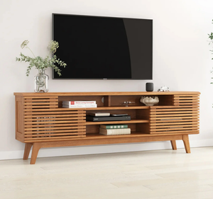 ตู้วางทีวีไม้สักแท้สไตล์โมเดิร์น พร้อมบานประตูแบบระแนงและชั้นวางแบบเปิด ตู้คอนโซลไม้สไตล์มินิมอลสำหรับห้องนั่งเล่น - Product Image 3