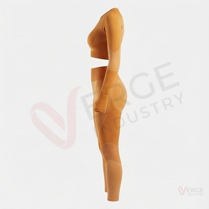 Ensemble de yoga 2 pièces pour femme : Crop top orange à manches longues et leggings taille haute avec passe-pouces, col rond - Product Image 3