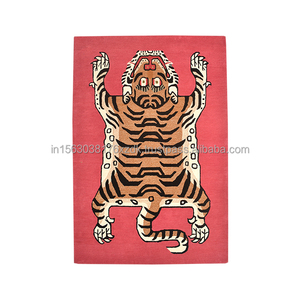 Tapis tibétain tufté à la main motif tigre, taille personnalisée, rectangulaire, en laine kaki, à poils ras, design à motifs - Product Image 3
