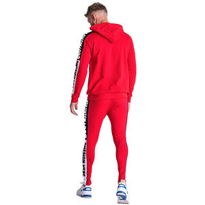 Ensemble de survêtement pour homme avec logo personnalisé, couleur rouge, en molleton, avec bande latérale, sweat à capuche et pantalon de jogging, 2 pièces, tenue décontractée, coupe slim, vêtements de sport et de gym - Product Image 6