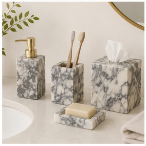 Ensemble d'accessoires de salle de bain en marbre de haute qualité, 5 pièces, organisateur de vanité en pierre naturelle artisanale pour la décoration de la maison et de l'hôtel - Product Image 6