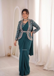 Sari en satin épais avec blouse brodée, sari en satin avec veste de créateur, sari en satin brodé fantaisie, sari en satin de luxe - Product Image 3