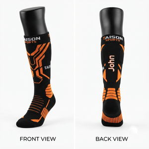 TAISON SPORTS Premium Wool/Spandex Compression Sports <b>Socks</b>-Quick Dry Custom Woven Logo <b>Black</b> Orange Men's Winter No Show - Product Image 1