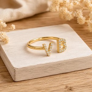 Wholesale Round Cut Lab Diamond Minimalist 10K 14K 18K Solid Gold Initial <b>Cuff</b> Ring Personalized Two Letter Open Adjustable Ring - Product Image 1