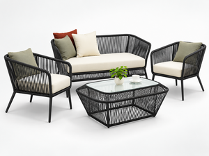 Ensemble de canapés d'extérieur en rotin PE noir moderne avec coussins blancs, 2 fauteuils et table basse en verre pour patio et jardin - Product Image 2