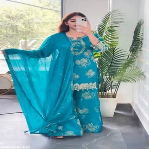 Traje de diseñador de georgette sintético con bordado de cordón y lentejuelas, hecho a mano y con borde Kodi, de manga larga, con conjunto Sharara a juego, suministro al por mayor - Product Image 1