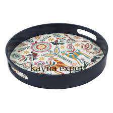 Bandeja de Servicio Redonda de Madera Kayna de Lujo Hecha a Mano con Diseño Floral, Móvil y Personalizada, Venta al por Mayor de Bandejas de Madera para Servir Café - Product Image 3