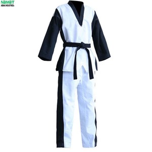 Uniforme de Taekwondo de Dos Tonos con Cuello en V, Dobok de Artes Marciales con Ribete de Cinta, Traje de Entrenamiento de Tela Acanalada con Cinturón Negro Nuevo - Product Image 3