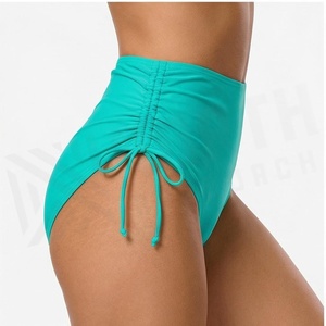 Women High Waist Solid Color <b>Bikini</b> Bottoms With Side Drawstring Ruched Design Stretch Swimwear - Product Image 3