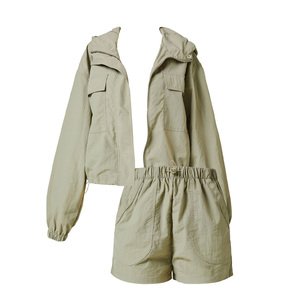 Olive Green Hooded Jacket Shorts <b>Set</b> Solid Color Casual Wear Breathable Summer Outfit for Women - Product Image 5