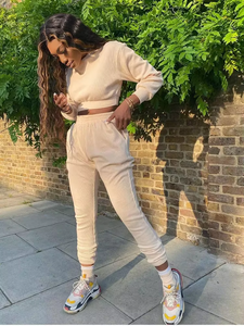 Ensemble de survêtement en molleton uni pour femme, automne, pull à manches longues, haut court et pantalon de survêtement, tenue respirante en 2 pièces - Product Image 2