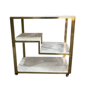 Chariot de bar en métal doré de luxe avec étagères en marbre blanc, chariot de service moderne sur roulettes pour la maison, l'hôtel et le restaurant - Product Image 3