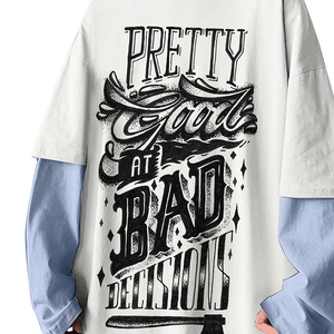 Camiseta de hombre de algodón de doble capa, holgada, con hombros caídos, de doble manga, lisa, de gran tamaño, producto de moda. - Product Image 3