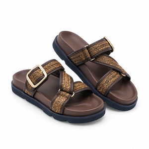 Sandales plates marron en paille tressée antidérapantes et respirantes à brides croisées pour femme, à bout ouvert, avec boucle, chaussures d'été à plateforme - Product Image 4