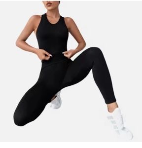 Women's 2 Piece Yoga Set High Waist <b>Leggings</b> Crop Top Sleeveless Racerback Solid <b>Black</b> Spandex Polyester Seamless Full Length - Product Image 3