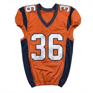 Maillot de football américain orange sublimé pour équipe, avec épaules marine, coutures renforcées personnalisées, uniforme de gridiron robuste - Product Image 1