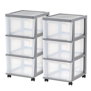 Carrello Portaoggetti in Plastica con 3 Cassetti, Stretto, Grigio, Set di 2 - Product Image 1